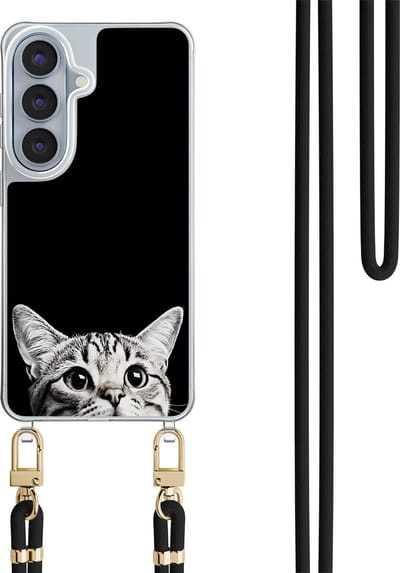 Telefoonhoesje met koord geschikt voor Samsung S26 - Kat kiekeboe - Inclusief koord - Transparant, Multi - - Crossbody beschermhoes - Met Telefoonketting