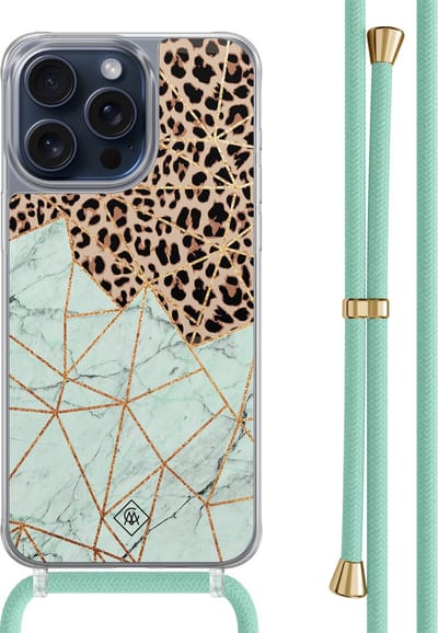 Casimoda® hoesje met mintgroen koord - Geschikt voor iPhone 15 Pro Max - Luipaard Marmer Mint - Afneembaar koord - TPU/polycarbonaat - Mint