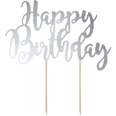 PARTYDECO - Taarttopper van karton Happy Birthday metallic zilver 22,5 cm voor taart