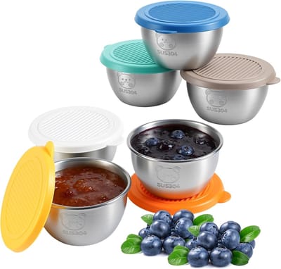 Thijox - 6 Stuks Saladedressing Containers 70 ml, Lekvrije Roestvrij Staal Mini Bento Box met Deksels in 6 Kleuren voor Kantoor, Picknick en BBQ