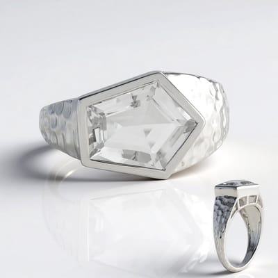 Cavill - Zilveren ring met witte kwarts - 925 sterling zilver platina - 3,123 ct Braziliaanse fancy trapgeslepen kwarts - handgemaakt elegant sieraad