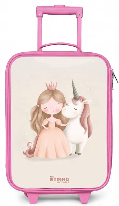 NoBoringSuitcases.com® - Kinderkoffer roze - Kindertrolley meisje - Prinses en een eenhoorn in pastel kleuren - Koffer kind lichtgewicht - Reiskoffer trolley voor kinderen - Koffertje met lichtgevende wieltjes - Rolkoffer