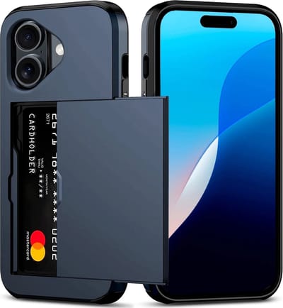ShieldCase kaarthouder case met slider geschikt voor de Apple iPhone 16 Plus hoesje - Kunststof back cover - telefoonhoesje met pasjeshouder - Ruimte voor pasjes / briefgeld (donkerblauw)