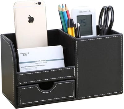Stijlvolle Desk Organizer met 4 Compartimenten van PU Leer voor Pennen en Kantoorbenodigdheden (Zwart)