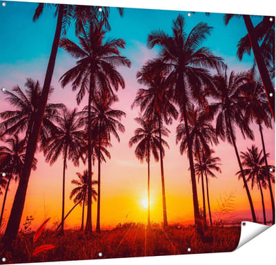 Gards Tuinposter Palmbomen op het Strand bij Zonsondergang - 150x120 cm - Tuindoek - Tuindecoratie - Wanddecoratie buiten - Tuinschilderij