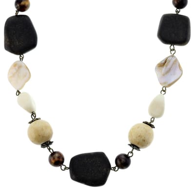Behave - Lange bruine ketting met schelpen, stenen en houten kralen 74cm