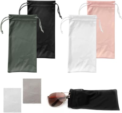 Set van 4 Brilzakken met 2 Microvezeldoeken, Trekkoordzakken voor Brillen en Telefoons in Diverse Kleuren, 17.5x9cm, Ideaal voor Bescherming en Opberging