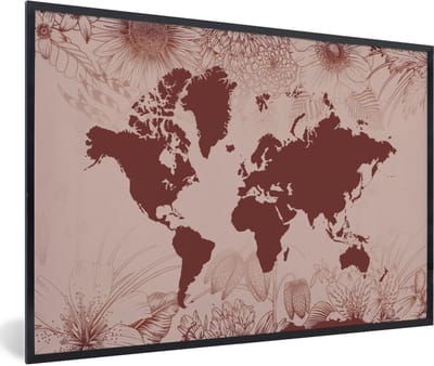 Poster in lijst - Fotolijst 90x60 cm - Posters - Wereldkaart - Bloemen - Rood - Posterlijst zwart - Decoratie - Wanddecoratie woonkamer - Muurdecoratie slaapkamer