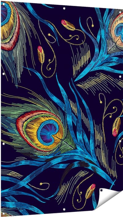 Gards Tuinposter Getekende Pauw Veren Achtergrond - 100x150 cm - Tuindoek - Tuindecoratie - Wanddecoratie buiten - Tuinschilderij