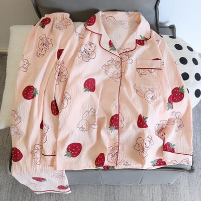 Damespyjama Herfst Lente Lange Mouw Zachte Nachtkleding Set Kersen Bloemen Cartoon Pyjama Vrouw Huis Nachtkleding Set Vest XXL white