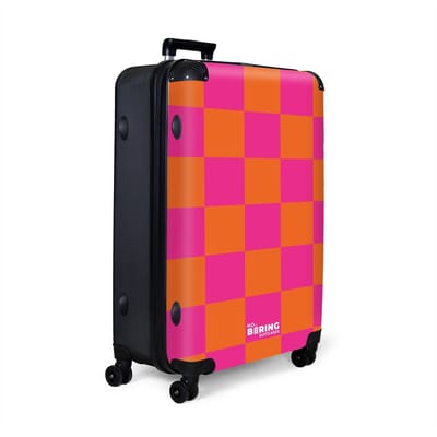 NoBoringSuitcases.com® - Koffer groot - Reiskoffer lichtgewicht - Roze met oranje schaakbord print - Rolkoffer met 4 wielen - Grote trolley XL - 98 liter bagage