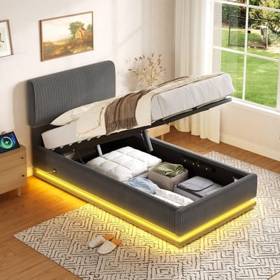 DESMIU Gestoffeerd Bed 90x200 cm - Verstelbaar Hoofdbord Met Ledverlichting En Usb-oplaadpoorten - Onderbedopbergruimte - Voor Slaapkamer - Cordstof - Donkergrijs - Zonder Matras