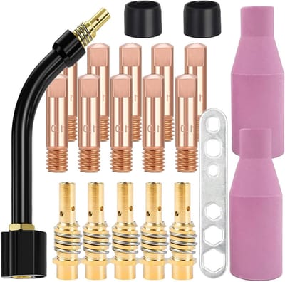 Complete set van 21 accessoires voor MIG/MAG lasmachines, inclusief 10 spuitmonden, 5 contactpunten, 2 isolatoren en 2 diffusers voor optimaal lassen