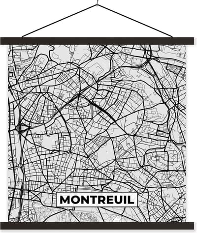 Posterhanger incl. Poster 60x60 cm - Schoolplaat - Plattegrond - Kaart - Stadskaart - Frankrijk - Montreuil - Textielposter - Zwarte latten - Stadskaart