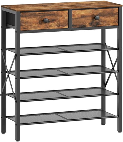 Dailygoods- Schoenenrek groot - 5 niveaus - Schoenenopberger met 2 lades - Ruimtebesparend - Voor 20 paar - Vintage bruin/zwart
