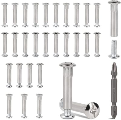 30 Sets Verbindingsschroeven M6 voor Houtdikte 36-46 mm, Nikkelgeplateerde Stalen Meubelverbinders met PH2 Kruiskop