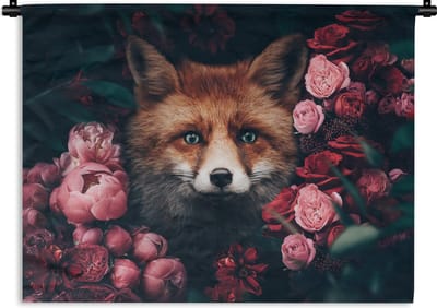 Wandkleed - Wanddoek - Vos - Bloemen - Botanisch - Dieren - 120x90 cm - Wandtapijt