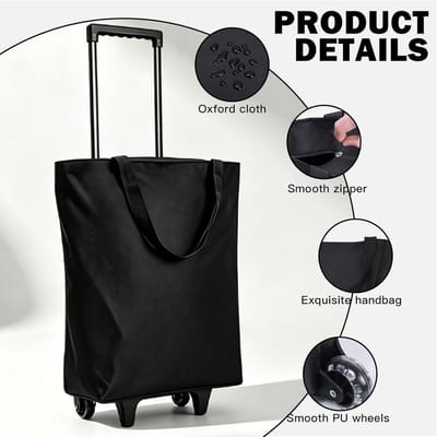 Multifunctionele 2-in-1 boodschappentrolley met opvouwbare boodschappentas op wielen voor reizen en kamperen, zwart, 30 x 20 x 42 cm