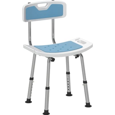 HOMCOM douchestoel douchekruk voor ouderen en gehandicapten, met rugleuning, zitting, verstelbare hoogte, antislip skates en douchekophouder, aluminium, Blauw