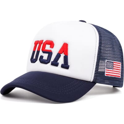 Nieuwe Katoenen Mesh Hoed VS Zijde Geborduurd Amerikaanse Vlag Modieuze Hip Hop Hoed Buiten Zonbescherming Hoed Verstelbare Baseballpet white