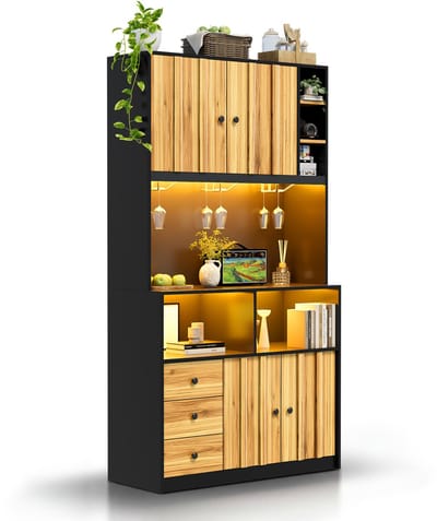 Hoge keukenkast met led - Ruime buffetkast met stopcontact en usb - Vitrinekast met wijnrek - Voor keuken en eetkamer - 100x40x180 cm