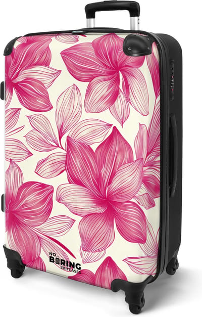 NoBoringSuitcases.com® - Koffer reizen groot - Rolkoffer lichtgewicht - Beige reiskoffer op 4 wielen met roze bloemen - Bagagekoffer volwassenen - Grote valies trolley XL - 20 kg bagage