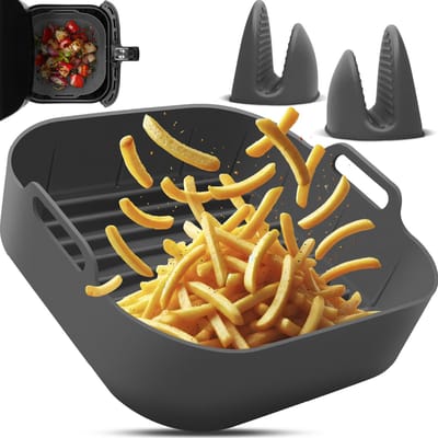 Fentic Airfryer Siliconen Bakje + Oven Wanten – 20,5 cm - Geschikt voor Philips, Cosori, Ninja, Tefal, Cecotec – Accessoires voor Airfryers - Grijs