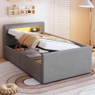 Wishdor Kinderbed 90x200 cm – Hydraulische Opbergruimte – LED en Nachtlampje – USB – Omkeerbare Rugleuning – Fluweel – Grijs