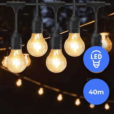 40m Arena LED Prikkabel - warmwit of evt. met Druppel effect - IP65 Lichtsnoer Buiten - koppelbaar - inclusief 40x E27 lampen - Incl. Stekker