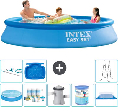 Intex Rond Opblaasbaar Easy Set Zwembad - 305 x 61 cm - Blauw - Inclusief Solarzeil - Onderhoudspakket - Zwembadfilterpomp - Filter - Grondzeil - Schoonmaakset - Ladder - Voetenbad - 9-delig