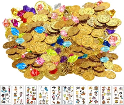 Set van 160 Piraten Gouden Munten en Decoratieve Edelstenen voor Kinderen, Inclusief 50 Piratenschatten, 100 Gemstones en 10 Piratentattoos voor Avontuurlijke Decoratie en Speelgoed