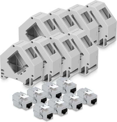 kwmobile 8 keystone adapters voor CAT6A kabels - Set van 8 keystone-modules RJ45 inclusief DIN-rail houders - Met afgeschermde metalen behuizing