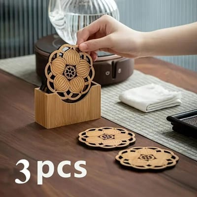 3/6 stuks Elegante Bamboe Onderzetter Set Met Bloemenpatroon Anti-brandwond, Thermische Isolatie, Antislip Theekop Onderleggers Voor Eettafel Voor Kung Fu Thee Ceremonies 3pcs brown