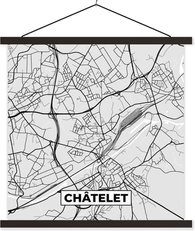Posterhanger incl. Poster 60x60 cm - Schoolplaat - Zwart Wit – België – Plattegrond – Stadskaart – Kaart – Châtelet - Textielposter - Zwarte latten - Stadskaart