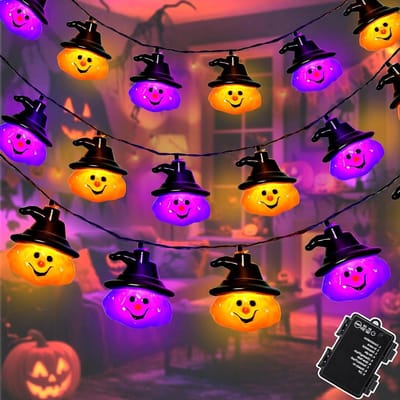 Halloween Lichtsnoer, paars, oranje, 3 m, 20 leds, pompoen, lichtketting, batterij met timer, 8 modi, weerbestendig, Halloween-decoratie, outdoor, voor tuin, feest