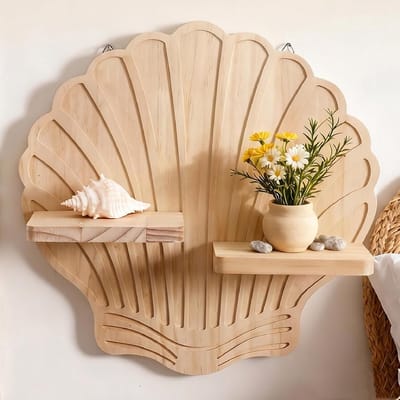 KZQ Houten Schelpvormige Wandplank 2 Lagen Boho Kuststijl 35x35 Cm Natuurlijk Materiaal Voor Slaapkamer En Woonkamer