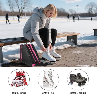 Verstelbare schaats tas voor kinderen, rugzak voor schaatsen, skates en ski's, ideaal voor jongens en meisjes, roze kleur