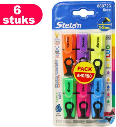 Decopatent - 6 Stuks Mini highlighter Markeerstiften - Kleine Tekstmarker - Markeerstift Stelam - Markeren Met Fluorescerende Stift marker - Fluostiften - 6x Diverse felle Fluor kleuren: Blauw / Groen / Paars / Geel / Orange / Roze