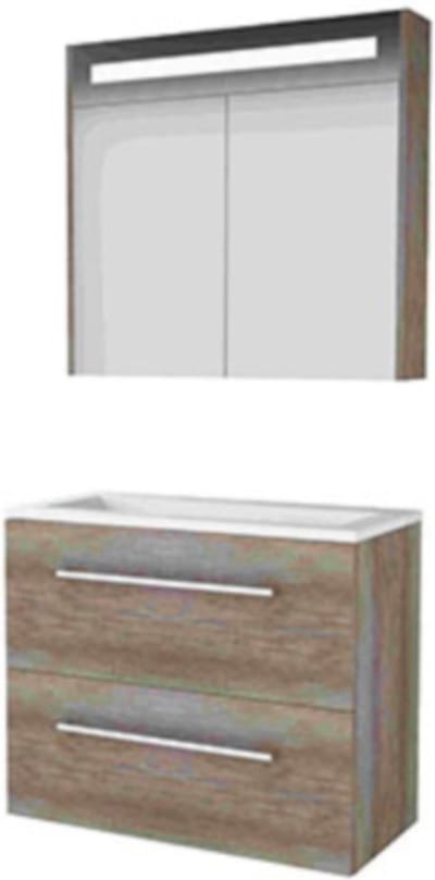 Basic-Line Premium 39 Badkamermeubelset - Ondiep - 80 x 39 cm - Met Grepen - 2 Lades - Acryl Wastafel - Zonder Kraangat - Spiegelkast met LED Verlichting - Scotch Oak