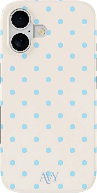 AVY Hoesje geschikt voor Apple iPhone 16 | Riviera Dots | Polka Dots | Beige & Blauw | Hard Shell Back Cover | Compatibel met MagSafe & Qi2