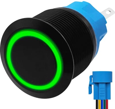 ProRide Metalen Drukschakelaar 12V ON-OFF - 22mm - Aan/uit schakelaar met Aansluitkabel - Spatwaterdicht - 12V/24V - LED Indicatie Groen