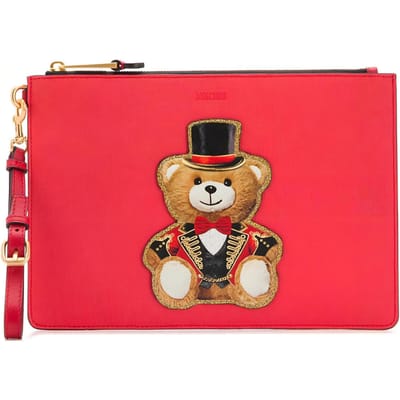 Moschino Logo Reliëf Ritssluiting Beer Leer Portemonnee Clutch Portemonnees Dames Rood 7A8429-8210-1115 Basic Set (Bag+Dust Bag) brown