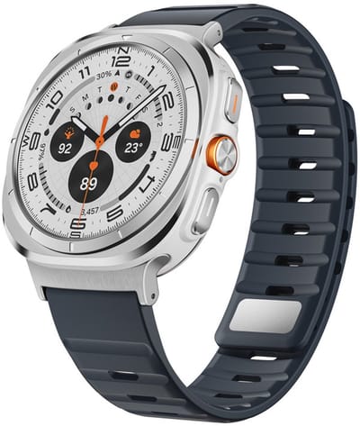 Luxe siliconen bandje - geschikt voor Samsung Galaxy Watch Ultra / Ultra 2025 47mm - premium magnetisch bandje met druksluiting - zilver donkerblauw