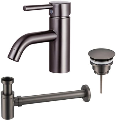 FugaFlow Eccelente Sobrado Badkamer Wastafelkraanset - lage wastafelkraan - always open plug - verlaagde design sifon - PVD Gepolijst Gunmetal