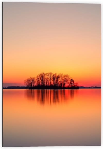 Dibond - silhouet Eilandje tijdens Zonsondergang - 40x60cm Foto op Aluminium (Wanddecoratie van metaal)
