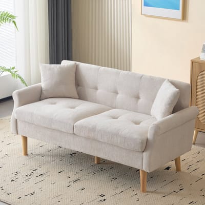 Sweiko Tweezits bank, Modern Design Gestoffeerd Meubilair, Chenille Stof met Dikke Kussens, Beige