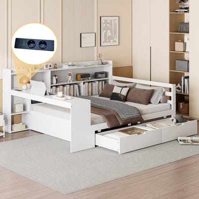 STILVORA Tweepersoonsbed 140x200 cm – Multifunctioneel bed met bureau – Opbergruimte met 2 lades & USB – Studenten/gasten – Hout – Zonder matras – Wit