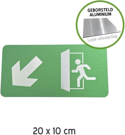 Pictogram/ bordje Dibond (geborsteld) | 20 x 10 cm | Nooduitgang - Pijl naar linksonder | Vluchtweg | Noodgevallen | Brandweg | Noodsituaties | Nooddeuren | Brand | Wettelijk verplicht | Universeel | Blinkend | 1 stuk