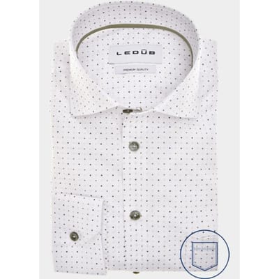 Ledub modern fit overhemd - popeline - wit met groen - grijs en blauw stipjes dessin - Strijkvriendelijk - Boordmaat: 41 (EU maat: L)