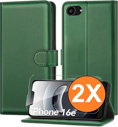 Hoesje Geschikt voor iPhone 16e / iPhone 17e hoesje bookcase Groen met screenprotectors 2 stuks